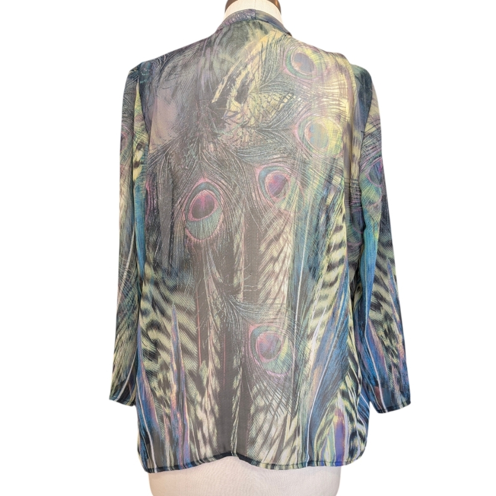 Chenault sheerchiffon peacock Kimono jacket duster, W/ knot/tie front. Medium. - Picture 4 of 16